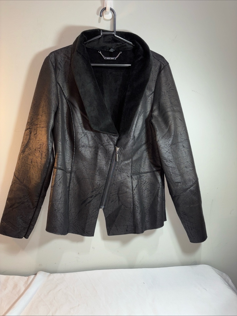 White Black Women's Black Faux Leather Asymmetrical Zip Jacket. 877